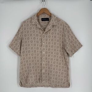 Abercrombie & Fitch Linen Blend Button Front Shirt | Tan/Cream Geo Print | Small